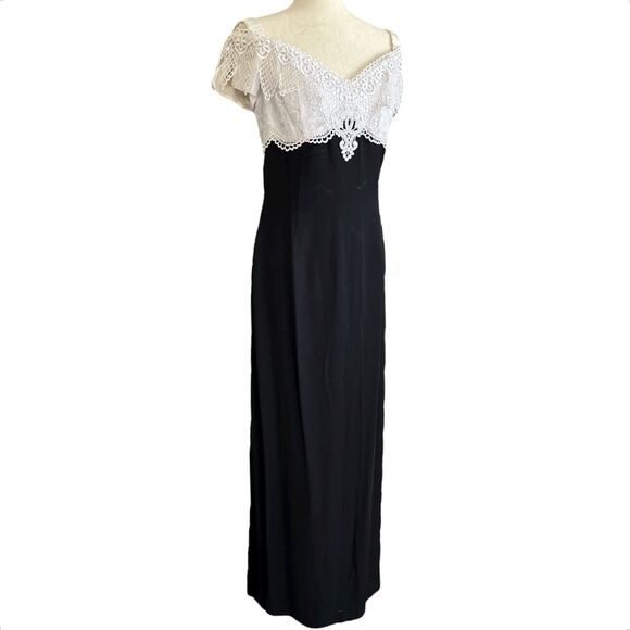 Jessica McClintock Vintage 80s Maxi Dress 12 Lace Black White Pencil Elegant USA - Picture 2 of 15